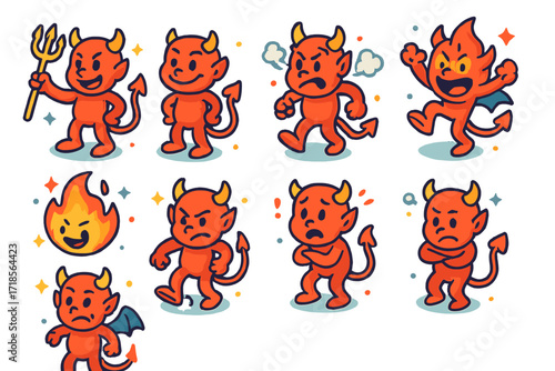 Cartoon Devil Icons. Colorful isometric vector icons set of classic cartoon devils: red pitchfork devil, tiny horns character, goofy grin, exaggerated tail,
