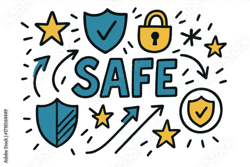 Playful Protective Doodle. Safe Doodle ? Doodle/Sketch style, playful hand-drawn letters with stars, shields, arrows, and protective icons, casual loose