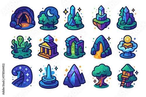 Fantasy Isometric Icon Set. Colorful isometric vector icons set of fantasy environments with mystic light: glowing cave entrance, moonlit forest, floating