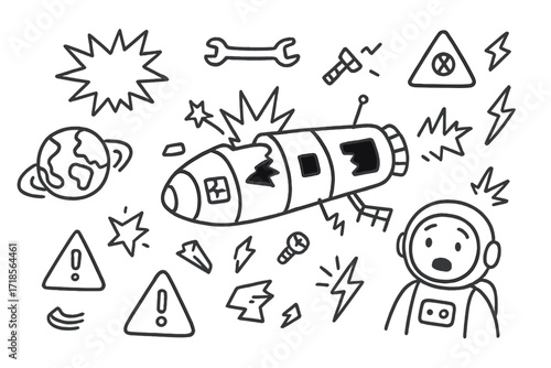 Spacecraft Damage Doodles. Hand-drawn doodle illustration spacecraft damage by debris cracked glass, impact burst, missing panel, tool float, shock icon, Earth