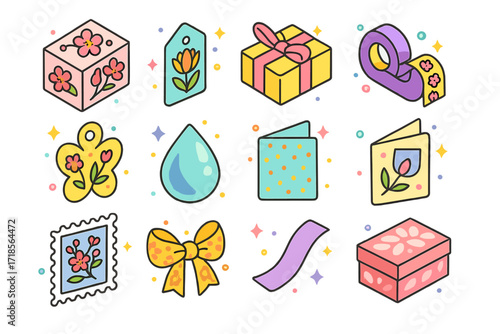 Spring Packaging Icons. Colorful isometric vector icons set of Spring-Inspired Packaging Details: cherry blossom print, tulip bouquet tag, pastel color wrap,