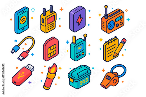 Emergency Tools Icons. Colorful isometric vector icons set of emergency communication tools: mobile phone, walkie-talkie, power bank, emergency radio, charger