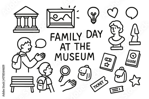 Museum Family Doodle. Hand-drawn doodle illustration [family day at the museum] [child, parent, painting, sculpture, heart, guidebook, backpack, speech bubble,