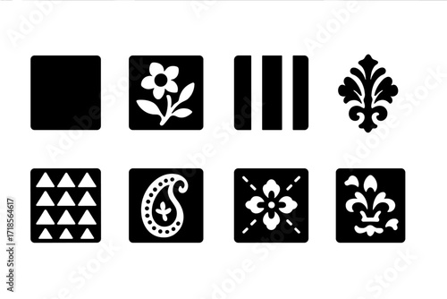 Black Velvet Icon Grid. Solid, filled icon set of velvet patterns: plain velvet, floral velvet, striped velvet, damask velvet, geometric velvet, paisley