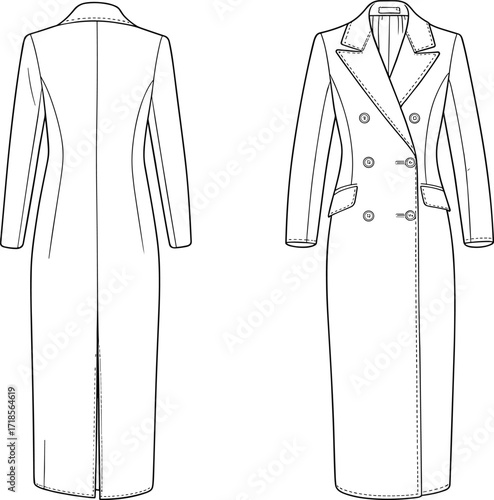 Fashion technical flat sketch, double breasted long trench coat template, winter outerwear design, clothing apparel illustration, stylish overcoat fashion drawingFashion technical flat sketch, double 