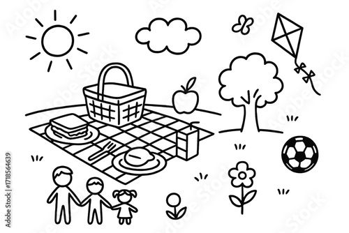 Playful Picnic Doodle. Hand-drawn doodle illustration Picnic setup in the park [picnic basket, blanket, plate, fork, sandwich, apple, juice box, sun, flower,