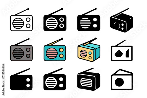 Portable Radio Logos. Set Logo of Portable Radio: Studio-inspired portable radio. Logo set in vector style, emblematic variations. line, bold thick line, solid