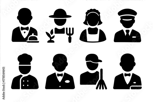 Estate Staff Icons. Solid, filled icon set of estate staff roles: butler, gardener, maid, chauffeur, cook, steward, groundskeeper, valet. Solid, filled icons