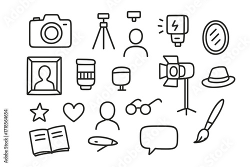 Photography Doodle Icons. Hand-drawn doodle illustration creative portrait photography camera, tripod, flash, lens, photo frame, person silhouette, spotlight,