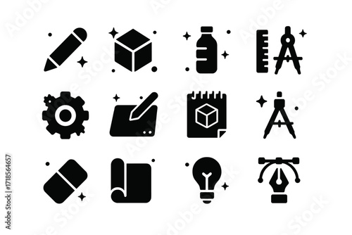 Product Icons Collection. Product Sketch. Solid icons set of product sketch: pencil, 3D cube, prototype bottle, ruler, gear, drawing tablet, sketch pad,