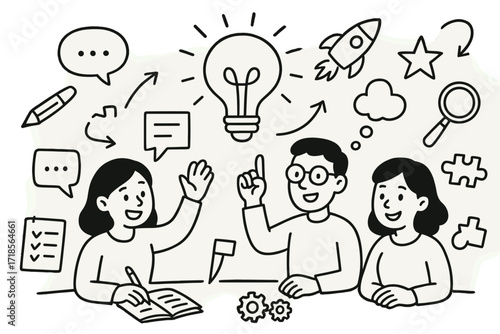 Creative Collaboration Icons. Hand-drawn doodle illustration team creativity session group of people, light bulb, speech bubble, notebook, pencil, arrows,