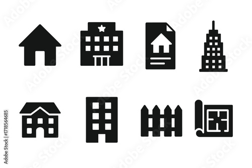 Real Estate Icons. Solid, filled icon set of property and real estate: house, hotel, land deed, skyscraper, mansion, apartment building, fence, blueprint.