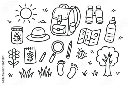 Summer Exploration Doodles. Hand-drawn doodle illustration summer meadow exploration backpack, binoculars, bug jar, notebook, pencil, hat, magnifying glass,