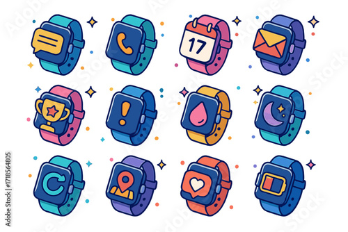 Smartwatch Notification Icons. Colorful isometric vector icons set of smartwatch notifications and alerts: message preview, incoming call, calendar reminder,