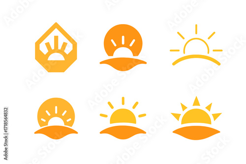 Sunrise Wellness Logos. Wellness. Set Logo of Wellness: Sunrise horizon. harmonious logo variations of the same emblematic concept, each with different