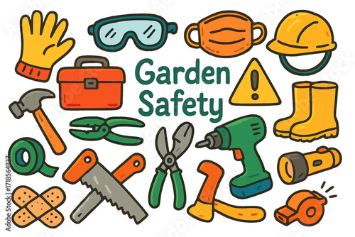 Garden Safety Tools. Colorful Hand-drawn doodle Children illustration Garden safety while repairing gloves, safety glasses, mask, toolbox, hammer, pliers,