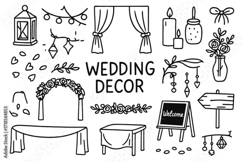 Wedding Decor Doodle. Hand-drawn doodle illustration Wedding Decor lantern, fairy lights, drapes, candles, mason jars, floral arch, table runner, garland,