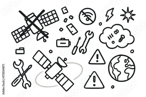 Decommissioned Satellites Doodle. Hand-drawn doodle illustration decommissioned satellites crossed satellite, floating pieces, no signal icon, battery symbol,