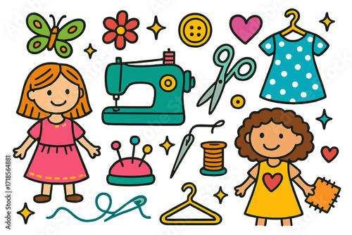 Colorful Sewing Icons. Colorful Hand-drawn doodle Children illustration Hand-sewn Dresses dress, sewing machine, scissors, thread spool, fabric, button,