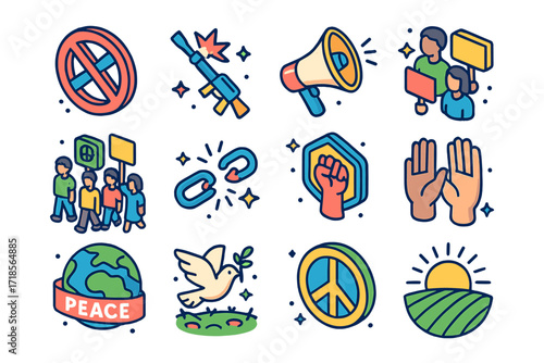 Anti-War Icon Collection. Colorful isometric vector icons set of anti-war activism: no war sign, broken weapon, protest megaphone, unity banners, peaceful