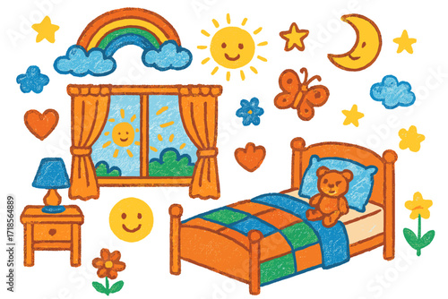 Whimsical Children's Bedroom. Colorful Hand-drawn doodle Children illustration Bedroom with Linen Curtains bed, pillow, quilt, teddy bear, window, linen