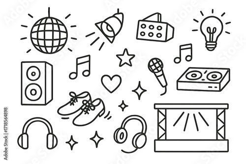 Dance Party Doodles. Hand-drawn doodle illustration Dance floor lights [disco ball, spotlight, strobe light, music note, speaker, star, heart, dancing shoes,