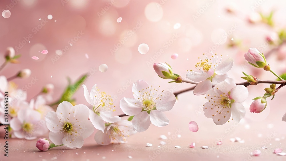 Fototapeta premium Delicate blossoms gently falling, a soft pink background, springtime floral beauty, nature's gentle grace, ethereal petals drifting, a peaceful scene