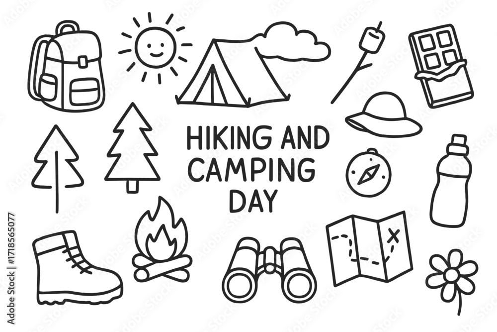 Fototapeta premium Hiking & Camping Icons. Hand-drawn doodle illustration Hiking and camping day [backpack, tent, marshmallow stick, campfire, chocolate bar, tree, sun, cloud,