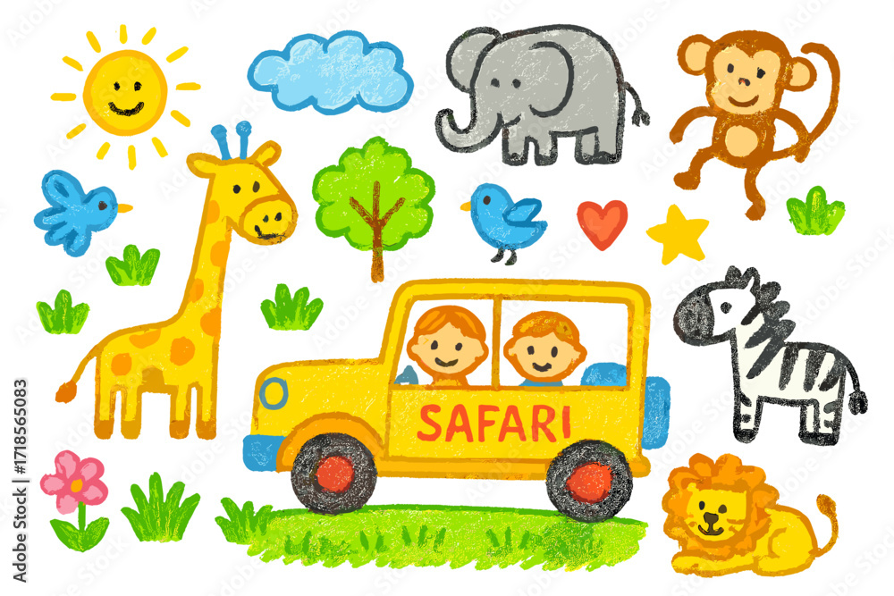 Naklejka premium Safari Adventure Doodle. Safari park. Colorful Hand-drawn doodle Children illustration jeep, giraffe, elephant, lion, monkey, bird, tree, sun, cloud, zebra,