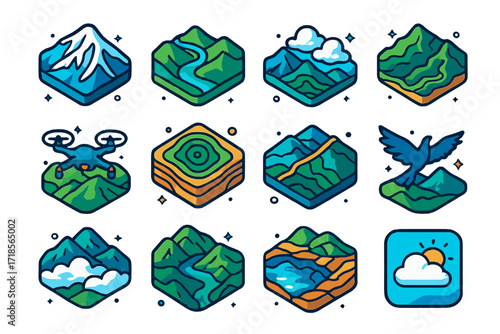 Isometric Aerial Mountain Icons. Colorful isometric vector icons set of Aerial views of mountainous terrain: snow ridges from sky, river winding in valley,