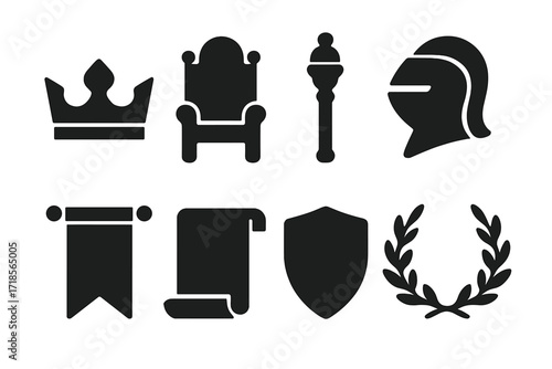 Royal Succession Icons. Solid, filled icon set of royal succession: crown, throne, scepter, knight?s helmet, banner, scroll, shield, laurel wreath. Solid,