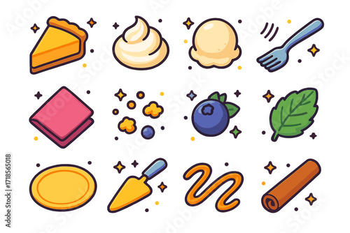 Dessert Delight Icons. Colorful isometric vector icons set of Dessert Plate Elements: pie slice, dollop of whipped cream, scoop of vanilla ice cream, fork,