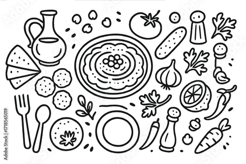 Mediterranean Feast Doodles. Hand-drawn doodle illustration Mediterranean feast hummus bowl, pita bread, falafel, olive oil bottle, chickpeas,