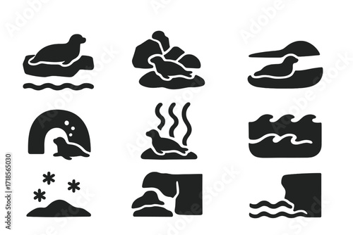 Seal Habitats Icons. Solid, filled icon set of seal habitats: ice floe, rocky shore, underwater cave, beach, kelp forest, ocean waves, snow, coastal cliff.