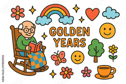 Golden Years Bliss. Colorful Hand-drawn doodle Children illustration Golden Years elderly person, rocking chair, glasses, book, heart, rainbow, sparkles,