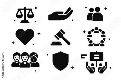 Fairness Icon Grid. Fairness. Solid icons set of balanced scale, open hand, group of people, handshake, heart, justice hammer, inclusive circle, equality