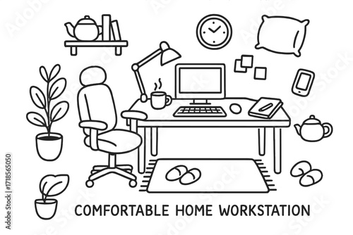 Comfortable Home Workstation. Hand-drawn doodle illustration [comfortable home workstation] [desk, ergonomic chair, cup, shelf, clock, reading lamp, sticky