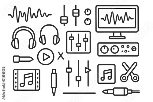 Audio Editing Icons. Hand-drawn doodle illustration Sound mixing and editing waveform, fader, knob, sound wave, headphones, monitor screen, soundboard, audio