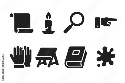 Parchment Study Icons. Solid, filled icon set of parchment reading and study: open scroll, candle light, magnifying glass, scholar?s hand, leather gloves,