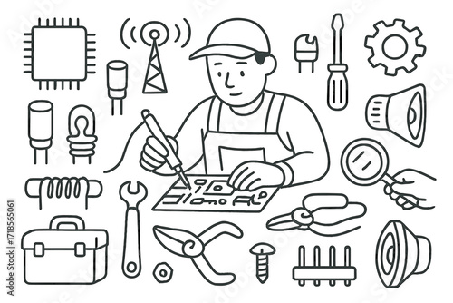 Radio Technician Doodles. Hand-drawn doodle illustration Technician assembling radio components microchip, capacitor, coil, circuit board, antenna,