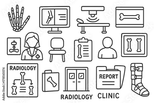 Radiology Clinic Doodles. Hand-drawn doodle illustration Radiology clinic hand bones, leg scan, machine, bone chart, technician icon, chair, medical screen,