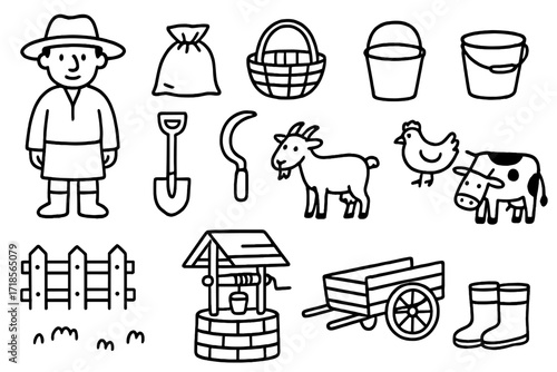 Peasant Chore Icons. Hand-drawn doodle illustration everyday peasant chores farmer hat, sack, basket, bucket, shovel, sickle, hoe, goat, sheep, chicken, cow,