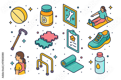 Fracture Prevention Icons. Colorful isometric vector icons set of fracture risk prevention: calcium tablet, vitamin D bottle, healthy bones poster, stretching