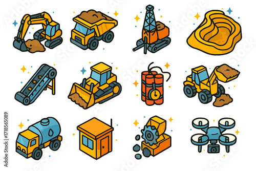 Open-Pit Mining Icons. Open-Pit Mining. Colorful isometric vector icons set of Open-Pit Mining: excavator, dump truck, drilling rig, haul road, conveyor belt,