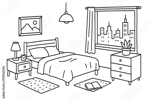 Modern Bedroom Doodle. Hand-drawn doodle illustration [modern bedroom in city apartment] [bed, pillow, blanket, lamp, plant, framed art, alarm clock, dresser,
