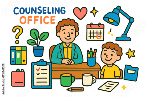 Joyful Counseling Scene. Colorful Hand-drawn doodle Children illustration Counseling Office Experience smiling advisor, desk, clipboard, bookshelf, calendar,