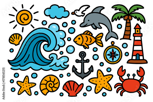 Colorful Ocean Doodles. Colorful Hand-drawn doodle Children illustration Wave patterns curling wave, foam splash, shell, starfish, bubble, fish, dolphin,