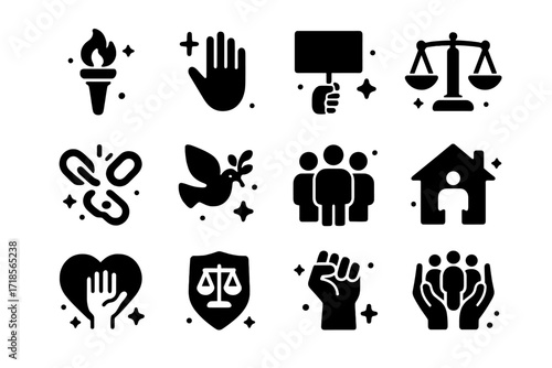 Human Rights Icons. Human Rights. Solid icons set of freedom torch, open hand, protest sign, equality scale, broken chain, peace dove, diverse group, safe