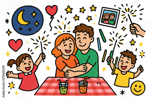 Family Fun Night. Colorful Hand-drawn doodle Children illustration Family Fun with Sparklers family, night sky, sparkler, laughter, glow stick, picnic blanket,