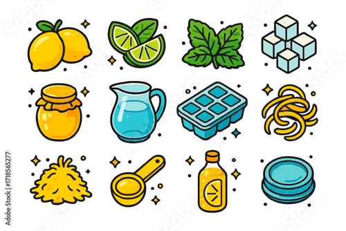 Lemonade Ingredients Icons. Colorful isometric vector icons set of lemonade ingredients: fresh lemons, lime wedges, mint leaves, sugar cubes, honey jar, water